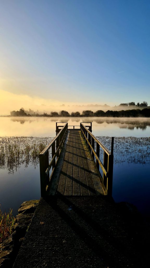 A bridge over a lake, with the sun low in the sky shining across from left to right.